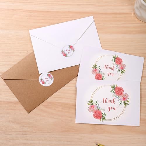 25psc Foldable Flower Thank You Cards and Wishes Card Set, White Kraft Envelopes with Seals, Suitable for Bridal Shower Baby Shower (100pcs Thank You Card Set four) by Unknown