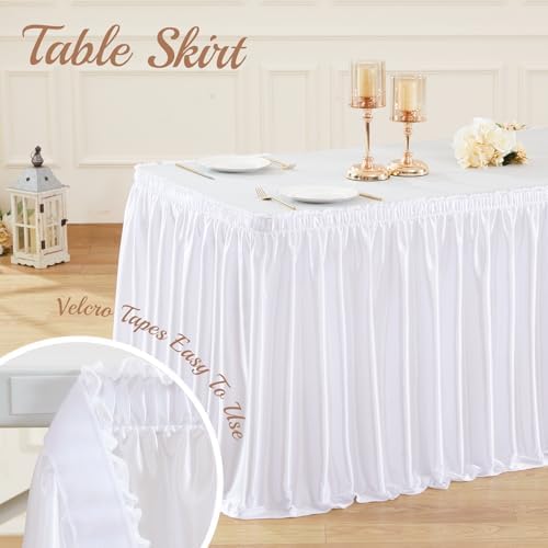 17ft Length Satin White Table Skirt Rectangle Tables,Wrinkle Resistant Ruffle Table Skirting Glitter Teacher Desk Cover Skirt for Dorm Office Birthday Party Wedding Buffet Displays Trade Shows - Image 5
