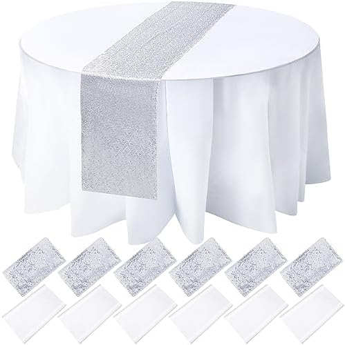 Newwiee 12 Pack Round Plastic Tablecloth Sequin Runner Set, Silver, White by Newwiee