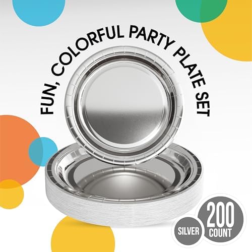 Party Solids Exquisite Silver Mixed Paper Plates - 7 & 9 200 Pack (100 Each) 350 GSM - Image 2