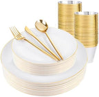 bUCLA 150PCS White and Gold Plastic Plates Disposable - 25 Guests Gold Dinnerware Set - Include 25 Each (Dinner & Dessert) Plates, 25 Knives, 25 Forks, 25 Spoons & 25 Cups for Party by BUCLA