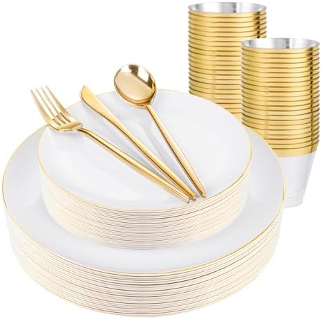 bUCLA 150PCS White and Gold Plastic Plates Disposable - 25 Guests Gold Dinnerware Set - Include 25 Each (Dinner & Dessert) Plates, 25 Knives, 25 Forks, 25 Spoons & 25 Cups for Party by BUCLA