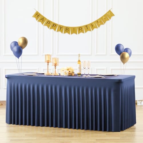 Suppromo 8ft Navy Blue Spandex Table Cloths for Rectangle Tables Wrinkle Free Rectangle Tablecloths, Stretch Fitted Table Cover with Skirt for Birthday Party Wedding Banquet Baby Shower Buffet Event - Image 2