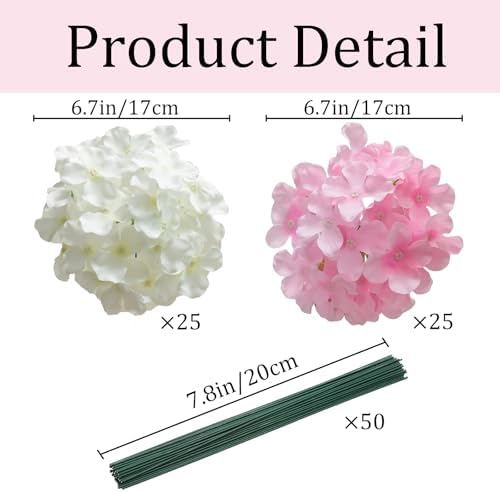 50 Pcs Faux White Pink Hydrangea Artificial Flowers Bulk, Fake Silk Hydrangea Flowers Heads with Stems for Wedding Decorations Garden Party Baby Shower Porch Home Decor Table Centerpieces - Image 3
