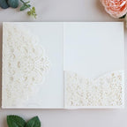 Hosmsua 50PCS Personalized Ivory Laser Cut Wedding Invitations, 5.12 x 7.2 Laser Cut Invitation Pockets with Envelopes for Wedding Bridal Shower Quinceanera Invitations by Hosmsua