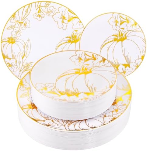 FLOWERCAT 60PCS Thanksgiving Plates & Gold Pumpkin Plates - Including 30PCS 10.25inch Thanksgiving Dinner Plates and 30PCS 7.5inch Dessert Plates for Giving Thanks Theme Party by FLOWERCAT