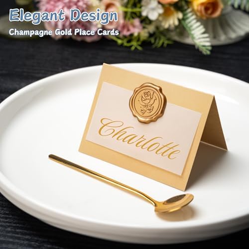 100 Pack Name Cards for Table Setting, Printable Place Cards with Antique Gold Rose Wax Seal Sticker for Wedding, Table Tent Card Stock for Party, Dinner(100 Pack Pearlized Champagne Gold) - Image 3