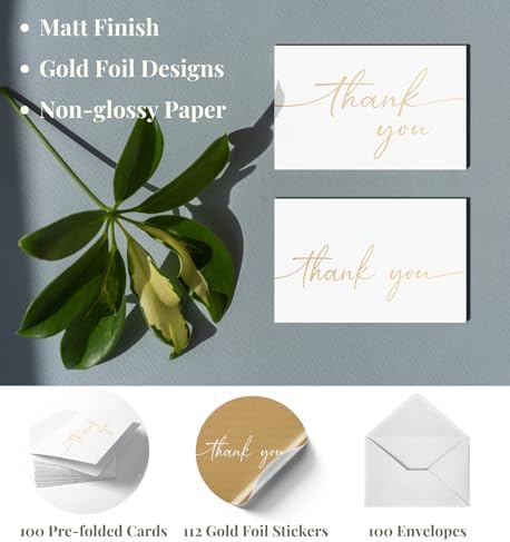 Thank You Cards with Envelopes & Stickers, Matte Gold Foil Cards Bulk Pack of 100, 4x6 Inch Minimalistic Design, Suitable for Business, Wedding, Small Business, Graduation, Bridal Shower, Funeral - Image 2