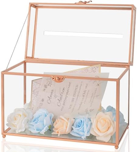 Glass Wedding Card Box with Slot, 10.2 inch Large Clear Card Box for Wedding Receptions, Rose Gold Gift Card Storage Box for Baby Shower, Birthday Party, Bridal Shower by JAJAMY
