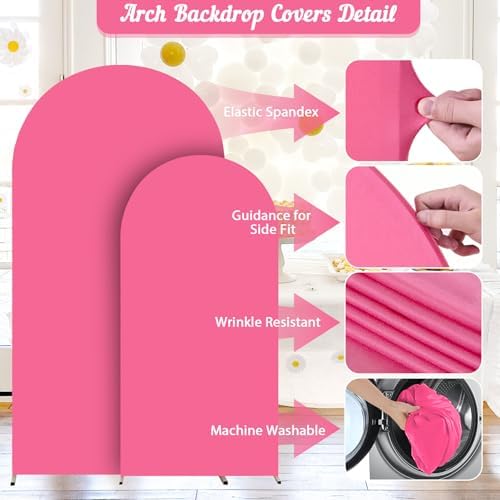Hot Pink Arch Backdrop Cover 2 Set - 6.6FT, 5FT Spandex Fitted Wedding Arch Stand Covers Round Top Chiara Arch Backdrop Stands Cover for Birthday Parties Banquet Photo Background Decoration - Image 3