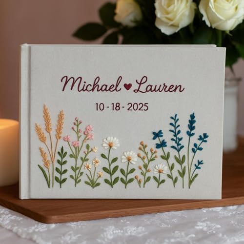 Custom Floral Embroidered Linen Scrapbook,Memory Book with Custom Names & Date,Personalized Photo Album,Flowers Wedding Guest Book for Wedding,Bridal Shower,Baby Shower by WEIYOUDP