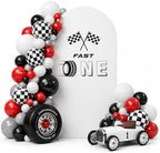 Arch Backdrop Cover for Fast ONE Racing Car Birthday Party Arch Spandex Fabric Cover Checkered Tire Track Car Kids Boys Baby Shower Parties Decors (4364,3x6ft) by HISDH