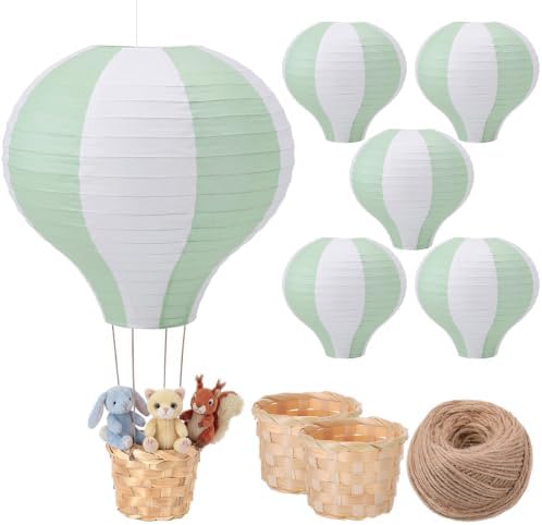 Meooeck 6 Pcs Hanging Hot Air Balloon Decorations Paper Lanterns 12 Inch Reusable Hot Air Balloon Decor Paper Lanterns Set for DIY Craft Wedding Birthday Christmas Home Living Room (Sage Green White) by Meooeck
