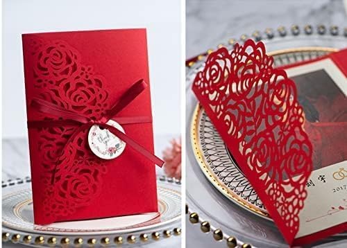 50 sets 4.9x 7 inch Red Rose Laser Cut Wedding Birthday Invitation for Quinceanera Bridal Shower Baby Shower Party Dinner Invite (Red) (Only Invitation Cards) - Image 3