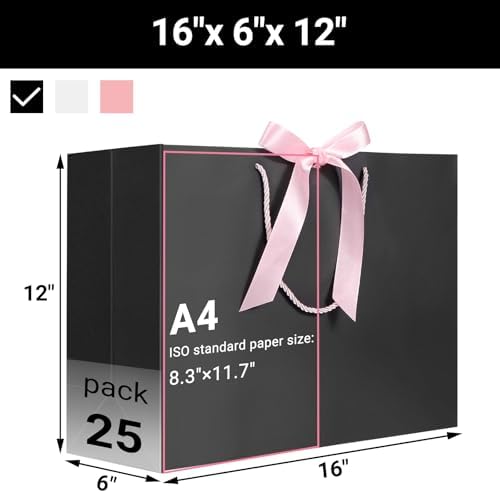EUSOAR Large Gift Bags, 25pcs 16"x6"x12" Black With Handles for Shopping, Wedding, Baby Shower, Birthday Party - Paper Treat Bags Bulk With Ribbon - Image 2
