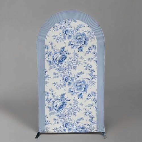 Blue and White Floral Arch Backdrop Cover Vintage Peony Arch Stand Spandex Cover Elegant Toile de Jouy Wedding Baby Shower Birthday Party Decoration French Country Style Background (G4229,7.2FT) - Image 2