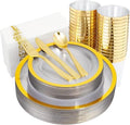 YOUBET 210PCS Gold Plastic Plates - Heavy Duty Clear Gold Disposable Plates Includes 30 Dinner Plate, 30 Dessert Plate, 30 Gold Cups, 30 Napkins for Party & Wedding by YOUBET