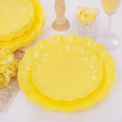 LIYH 24Pcs Yellow Plastic Plates Reusable, Dinner And Salad Set For Parties - Image 2