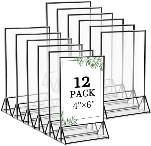 Floroom 12 Pack 4x6 Inch Clear Acrylic Sign Holders, Black Border Double-Sided Vertical Picture Frames & Display Stands for Table Numbers, Photos, Menus, Flyers, Weddings, Parties & Events by Floroom