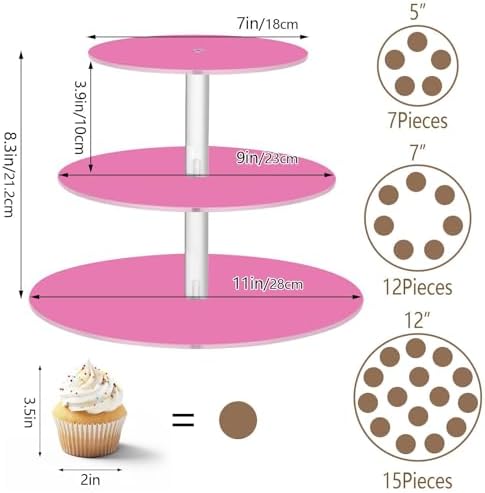J JOYSAY Hot Pink Pattern Acrylic Cupcake Stand 3 Tier Dessert Table Display Set Clear Cake Stands for Baby Shower Party Wedding Decorations Easy Assembly Donut Tower - Image 3