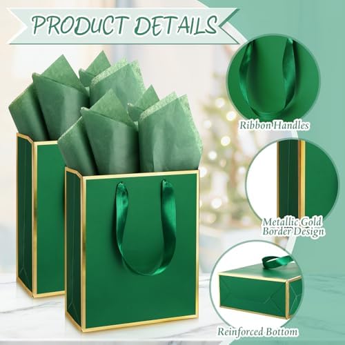 Yeaqee 50 Pcs Metallic Paepr Gift Bags Bulk with Handles,Green Gold - Image 3