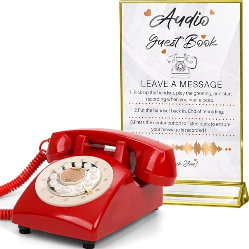 Audio Guest Book Wedding Phone,32GB Memory Customized Audio Messages, Volume Adjustable, with Message Replay Feature, Suitable for All Kinds of Party(Red+Golden Sign) by FiayaComVintageTelephone