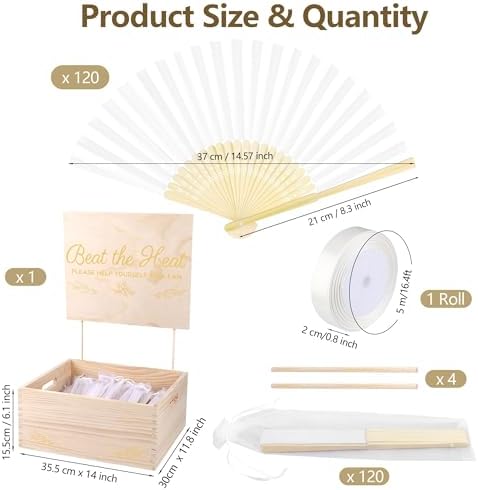 Aodaer White Paper Fan Set 120 Pack Folding Hand Fans with Organza Gift Bags Wooden Storage Box Display Sign and White Ribbon Handheld Fan for Wedding Favors Bridal Shower Party Supplies - Image 2
