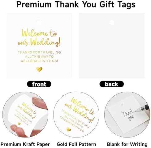 joycraft Wedding Tags, 50Pcs 2.5 in Gold Foil Thank You Tags with String (Pack of 4) - Image 3