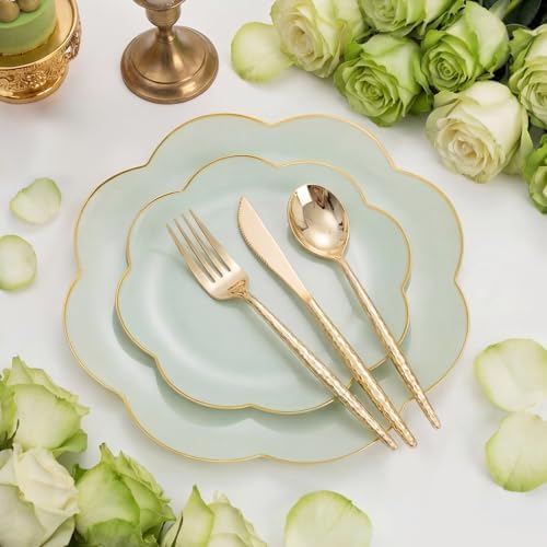 LIYH 150 Pcs Sage Green Plastic Plates - Dinnerware Set, Gold Silverware, Flower Plates Include Dinner & Dessert Plates, Knives, Forks for Wedding - Image 4