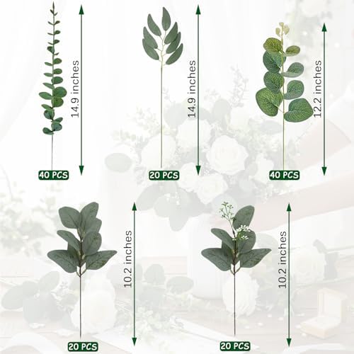 HUAHUA Mixed Artificial Eucalyptus Leaves Stems Bulk,Fake Greenery Plants Faux Silver Dollar Eucalyptus Leaves for DIY Bouquets Centerpiece Floral Arrangement Home Wedding Decor (140, Green) - Image 3