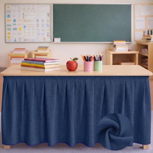 Tingjoo Dark Blue 9 ft X 30'' Teacher Desk Skirts Linen Textured Desk Tablecloth Skirts Pleated Office Decor Back to School Supplies for Classroom School Office Rectangular Round Table Cover - Image 2