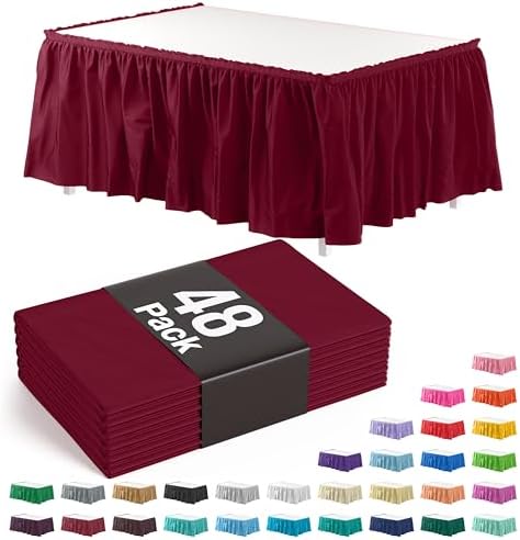 Exquisite Burgundy Table Skirt 48 Pack - Disposable Plastic Table Skirts for Rectangle Tables 6ft 8ft & Round Tables - 29in x 14ft Self-Adhesive Strip - Birthday Wedding Gender Reveal Decor by Exquisite