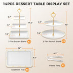 14Pcs Dessert Table Display Set, Cupcake Stand with Gold Metal Rod, 3-Tier Cup Cake Tower Stands, 2-Tiered Serving Trays, Food Platters for Tea Party, Baby Shower, Bridal, Wedding, Birthday, Plastic - Image 2