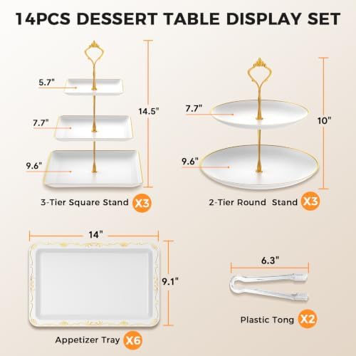 14Pcs Dessert Table Display Set, Cupcake Stand with Gold Metal Rod, 3-Tier Cup Cake Tower Stands, 2-Tiered Serving Trays, Food Platters for Tea Party, Baby Shower, Bridal, Wedding, Birthday, Plastic - Image 2
