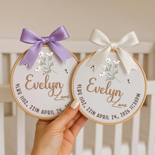 Embroidery Baby Name Sign, Personalized Welcome Baby Hoop Sign with Bow, Custom Baby Name Sign for Hospital, Infant Baby Shower Gifts New Parents (08) - Image 3
