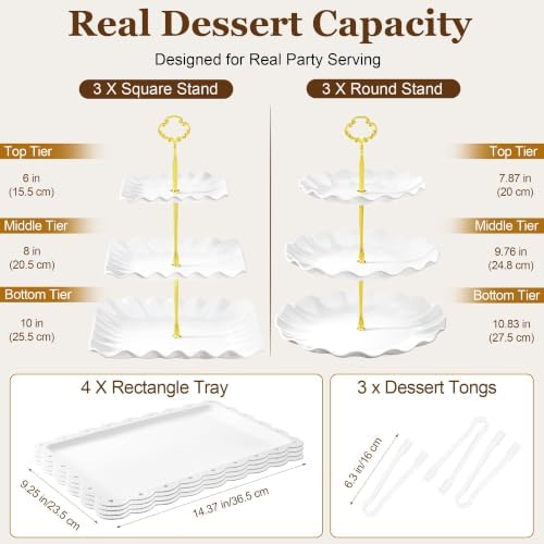 Lzerking Dessert Table Display Set 13PCS, 3-Tier Cupcake Stand Set with Metal Gold Rods, 3 Round & 3 Square Dessert Stands, 4 Serving Trays & 3 Tongs for Wedding Birthday Baby Shower Party Decor - Image 3