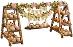 3 Tier Wooden Cupcake Stand with Swing and Flower Decoration, Dark Brown Natural Wood Dessert Swing Display Serving Set with Removable Trays, Rustic Wedding & Party Dessert Stand by YOFSZJ