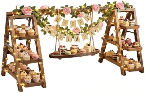 3 Tier Wooden Cupcake Stand with Swing and Flower Decoration, Dark Brown Natural Wood Dessert Swing Display Serving Set with Removable Trays, Rustic Wedding & Party Dessert Stand by YOFSZJ
