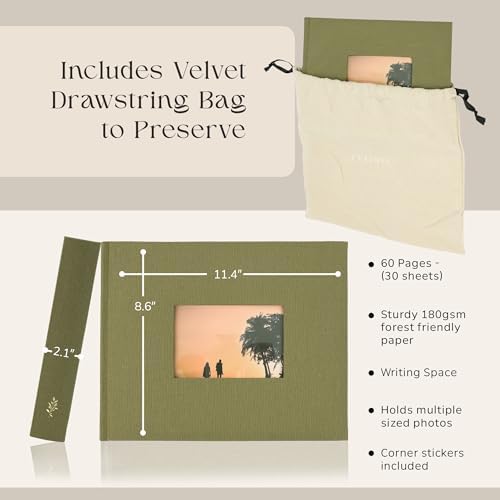 Premium Scrapbook Album with Window and Writing Space – 60 Pages holds 200 Photos of Different Sizes – Wedding, Baby, Travel & Family Memories – 11.4" x 8.6" - Olive - Image 4