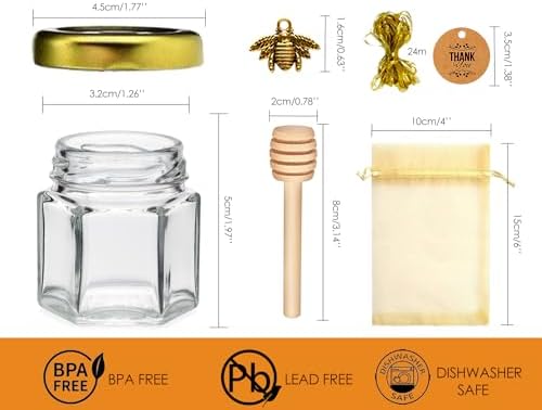 Small Honey Jar, Mini Honey Jars with Dippers, Hexagonal Jars 1.5oz 40 Pack - Image 2