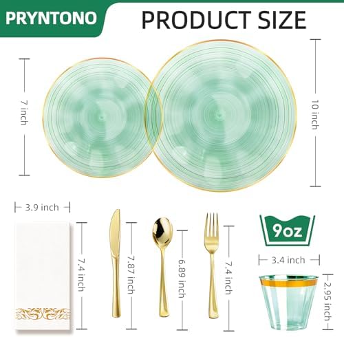 175PCS Green Plastic Plates with Gold Rim, Disposable Party Plates - Image 2