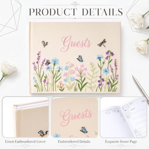 Wedding Guest Book and Vow Book Set Wildflower Embroidered Linen - Image 4