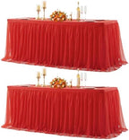 Red Tablecloth Rectangle 6 Foot Fitted Stretch Elastic Tulle Ruffle Tablecloths Rectangular Spandex Table Covers 6ft Birthday Baby Shower Wedding Party Table Cloths with Skirt 2Pack by LittleFunny