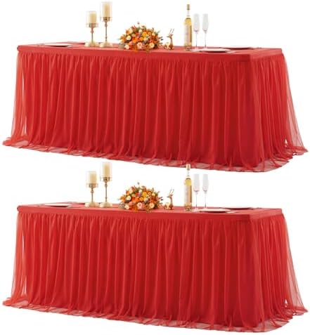 Red Tablecloth Rectangle 6 Foot Fitted Stretch Elastic Tulle Ruffle Tablecloths Rectangular Spandex Table Covers 6ft Birthday Baby Shower Wedding Party Table Cloths with Skirt 2Pack by LittleFunny