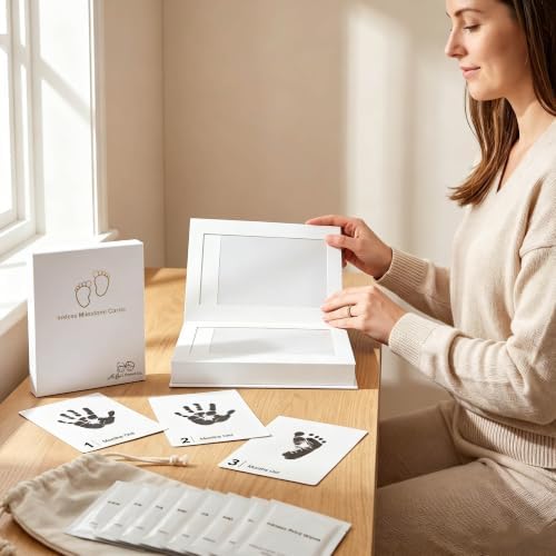 15 Pack Baby Inkless Milestone Cards Album, Inkless Baby Hand Footprint Kit, Monthly Milestone Signs, Baby Book Keepsake, Baby Growth Milestone Cards for Newborn (Deluxe Photo Album Set)) - Image 4