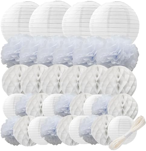 WOLHOWLTD White Paper Decoration Set - 34 Pcs Paper Lanterns, Pompoms, Honeycomb for Wedding,Halloween,School Day,Bridal Baby Shower,Birthday Party Classroom,Home Decoration(White) by Unknown