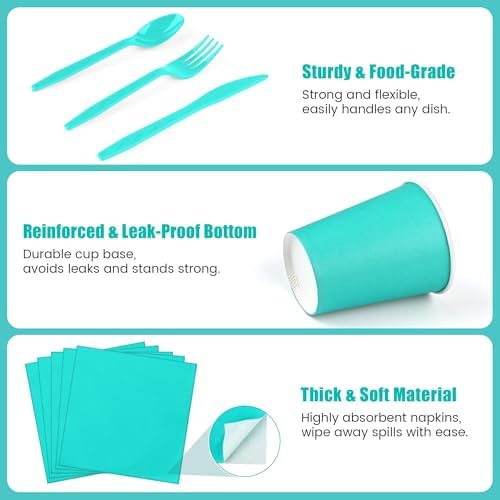 Kochorie 350 Pieces Teal Blue Dinnerware Set, 7 & 9 inch Dessert Paper Plates Cups Napkins Plastic Cutlery Disposable Party Supplies for Birthday Baby Shower Wedding, Serve 50 Guests - Image 4