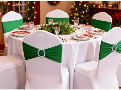 50 Pack Emerald Green Chair Sashes, Spandex Green Chair Bands Chair Bows Ties with Buckle Slider for Christmas Party Birthday Event Decorations - Image 2