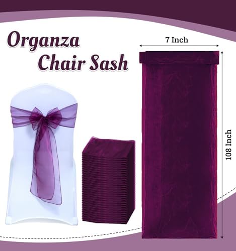 MDS Pack of 150 Organza Chair Sashes for Wedding & Event Décor – Eggplant - Image 3
