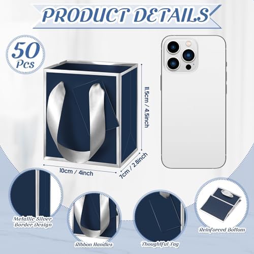 Yeaqee 50 Pcs Mini Paper Gift Bags with Handles Tag, Navy Blue, Silver - Image 2